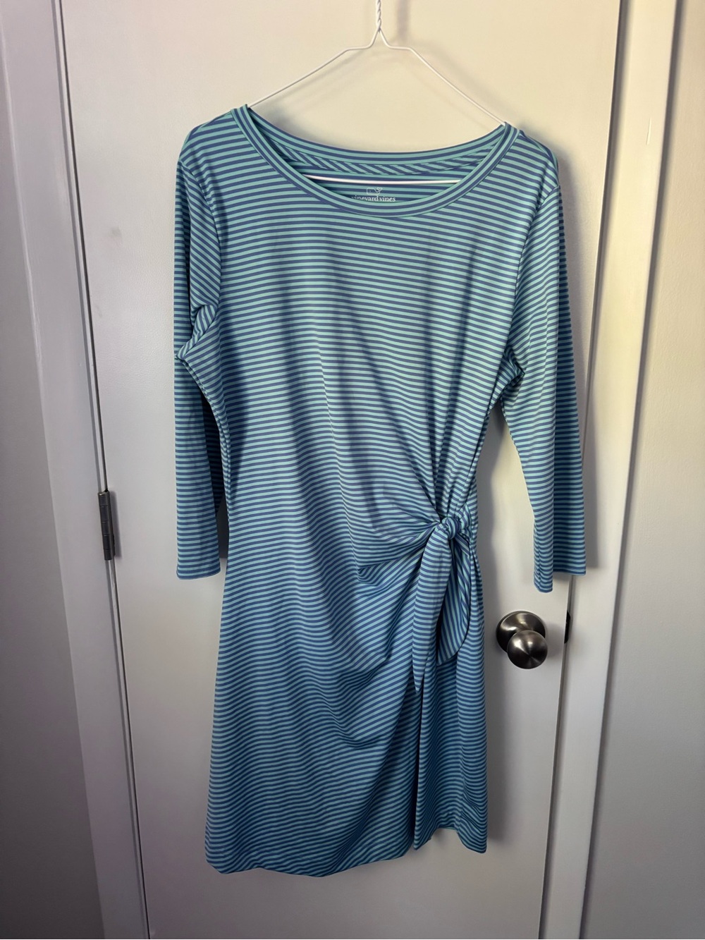 Vineyard Vines Sankaty Faux Wrap Light Blue Striped Midi Activewear Dress